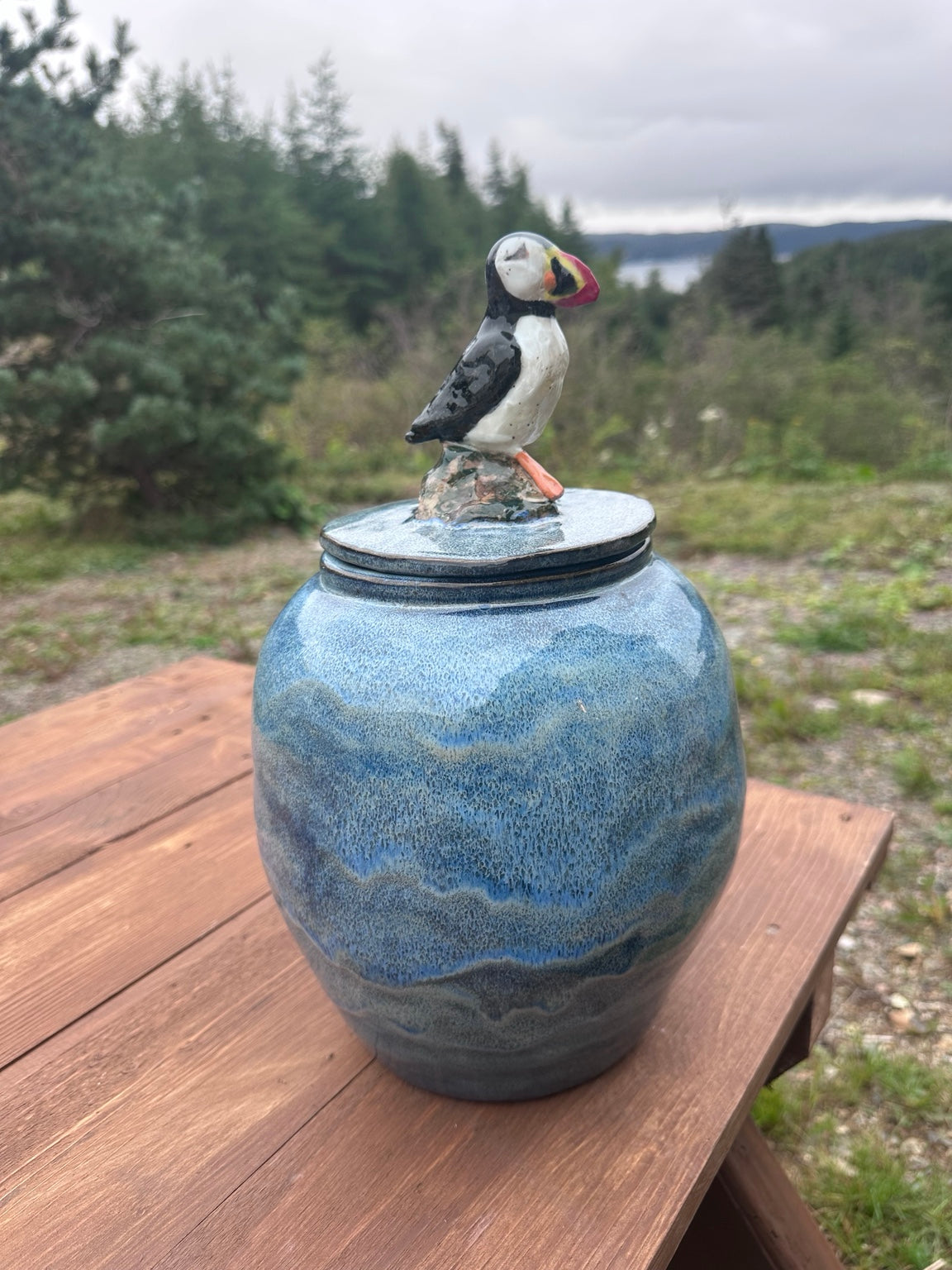 HCP-079 handmade stoneware puffin sculpted lid pot by Hatchet Cove Pottery