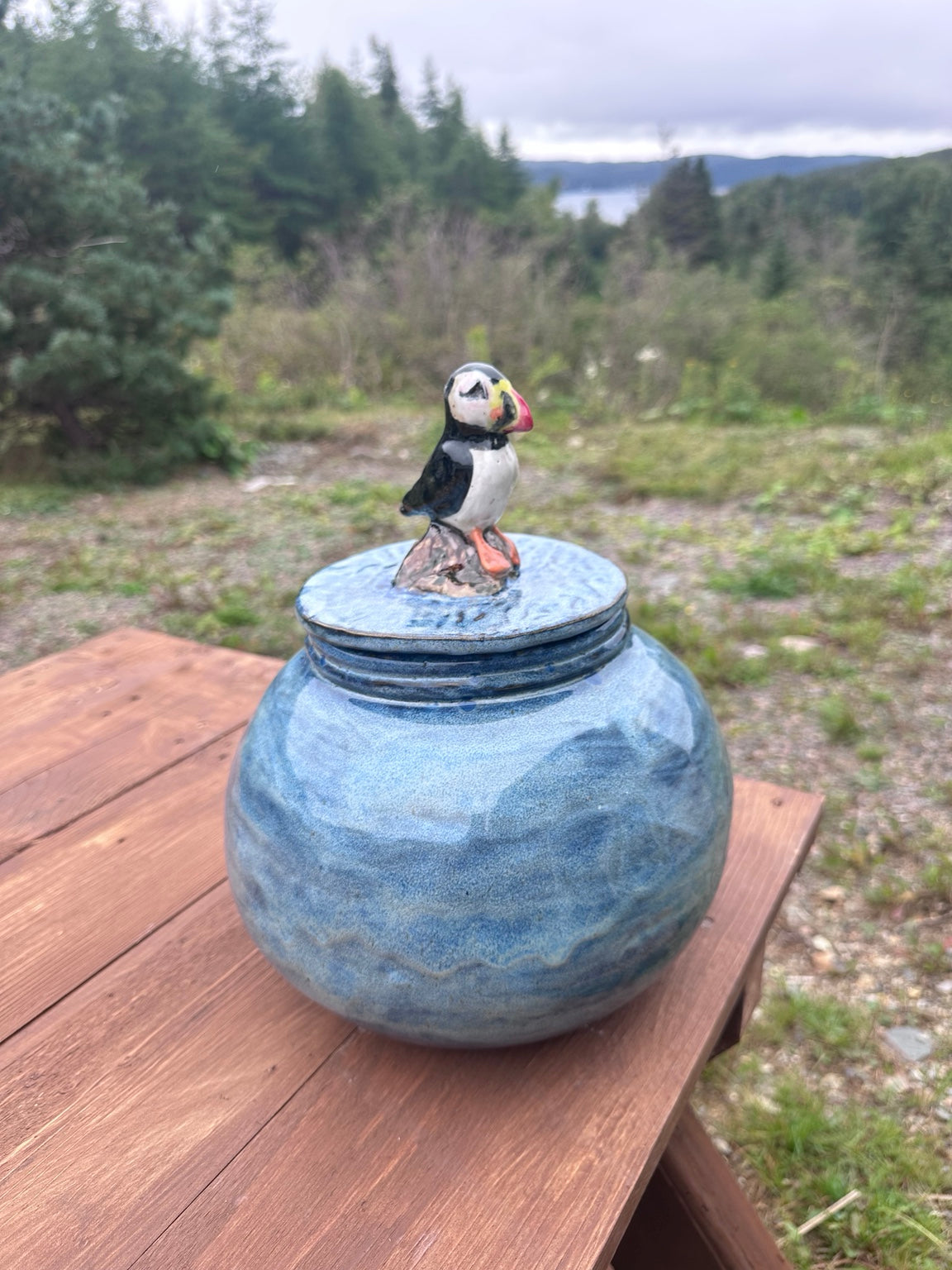 HCP-078 handmade stoneware puffin sculpted lid pot by Hatchet Cove Pottery