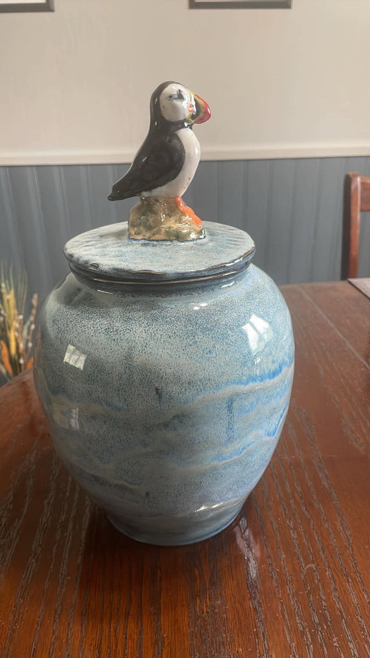 Jar C, large blue puffin lidded stoneware jar