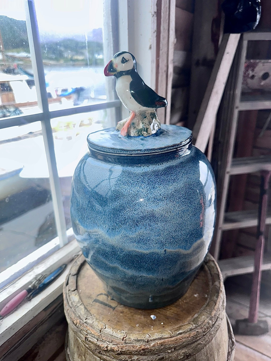 Puffin Pot D sculpted puffin lidded stoneware jar by Hatchet Cove Pottery