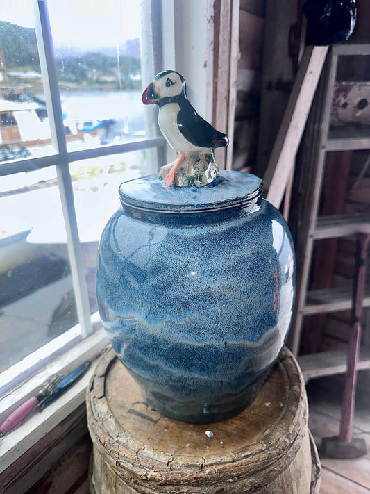 Puffin Pot D sculpted puffin lidded stoneware jar by Hatchet Cove Pottery